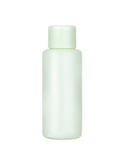 Simple blank а plastic bottle for a light green cosmetic, isolated on a white background.
