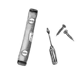 watercolor illustration of a black and white image of the repair tools.screwdrivers, screwdrivers and self-tapping screws. isolated on a white background
