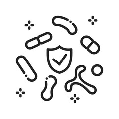 Human healthy intestinal microflora black line icon. Microscopic bacterias in Intestine. Sign for web page, mobile app, button, logo. Vector isolated element. Editable stroke.