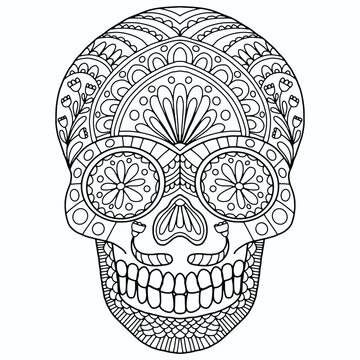 skull with abstract ornaments folk style drawn on a white background for coloring, vector