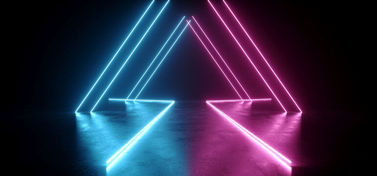 Sci Fi Triangle Tunnel Corridor Neon Laser Futuristic Glowing Purple Blue Virtual Synth Wave Cyber Alien Warehouse Garage Concrete Tiled Reflective Metal 3D Rendering © IM_VISUALS