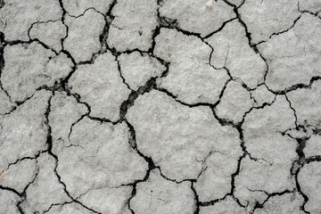 Cracked dry soil. Dry gray clay soil. Coarse texture