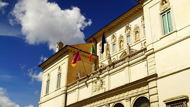 Rome, April 08, 2019: Facade of the Palazzo della Galleria Borghese, from 1902 it was transformed into a museum with works by Canova, Caravaggio and Raffaello