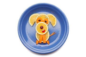 Food art creative concepts. Funny dog made of fruits and vegetables, such as orange, tomatoes and carrots isolated on a white background