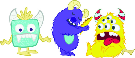 Illustration vector cute monsters with faces and horns