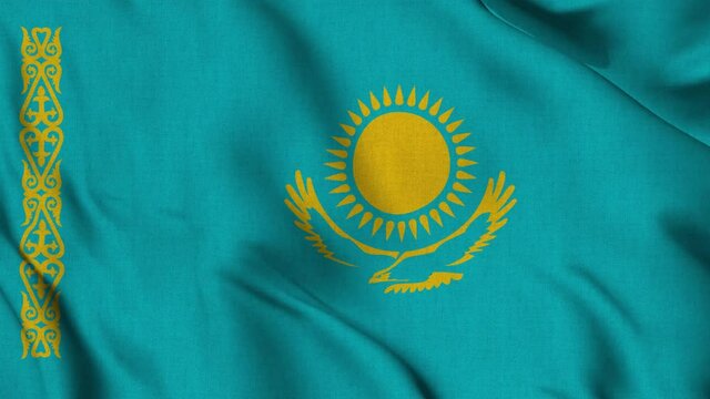 kazakhstan national flag waving with fabric texture fluttering in wind in a seamless loop in smooth slowmotion animation background