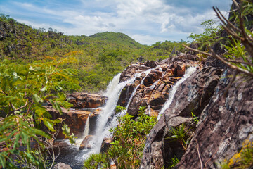Waterfall in Chapada dos Veadeiros National Park, Goias, Brazil. Adventure travel destination.