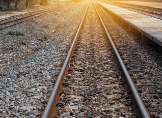 Naklejka premium Vintage railway station view at sunlight. railroad tracks in thailand