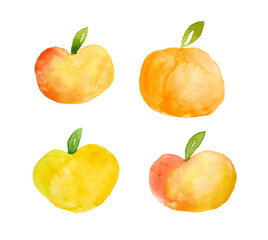 set of watercolor hand drawn apples fruits painted in simple minimalist shape design for food labels, kitchen textile wallpaper. orange yellow red green colors illustration, healthy organic food.