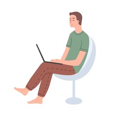 Fototapeta na wymiar A young man freelancer work from home on a laptop or communicates in social networks and sitting in a comfortable chair, isolated vector. Modern flat stock illustration.