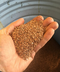 Hand holding copper granules from recycled scrap cables