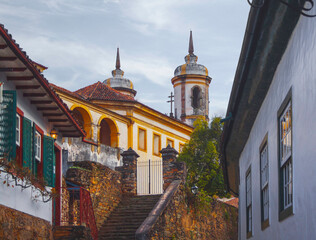 View from street and Baroque Church in Ouro Preto, Minas Gerais, Brazil. Igreja de Sao Francisco....