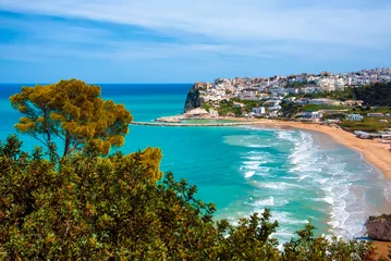 Foto op Canvas Panoramic view of the the famous old town of Peschici, carved into the rock. in front of the beautiful sea.Apulia.Italy © RedPoppy