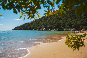 Beach view from Praia de Laranjeiras, Balneario Camboriu, Santa Catarina, Brazil. Vacation destination in South America. Tropical summer.