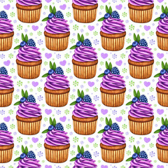 Watercolor cupcake seamless pattern. Muffin/cake with purple cream, blueberry, blackberry, candies. Hand drawn holiday background for design print, card, wrapping paper, textile, fabric, scrapbooking