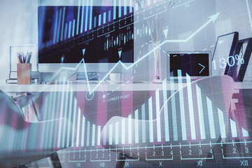 Double exposure of stock market graph drawing and office interior background. Concept of financial analysis.