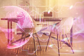 Multi exposure of financial graph drawing and office interior background. Concept of market analysis.