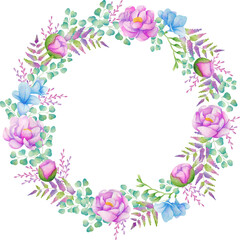 Watercolor wreath of flowers and greenery. Hand-painted wreath of peonies, freesia, eucalyptus, fern for instagram, postcard, business card, invitation. Hand drawn watercolor ornament.