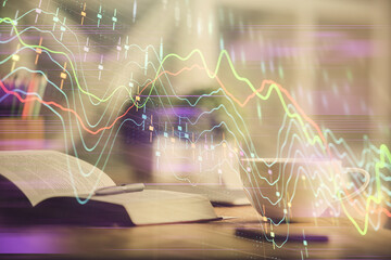Multi exposure of forex graph drawing and desktop with coffee and items on table background....