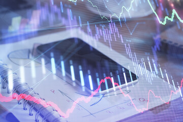 Double exposure of forex chart drawing and cell phone background. Concept of financial data analysis