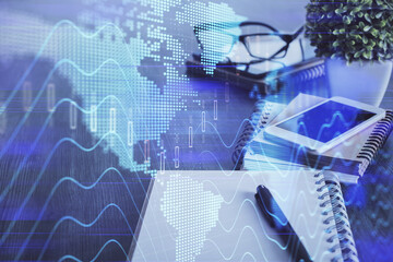 Double exposure of forex chart drawing and cell phone background. Concept of financial trading