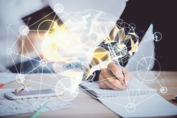 Double exposure of brain drawing over people taking notes background. Concept of Ai