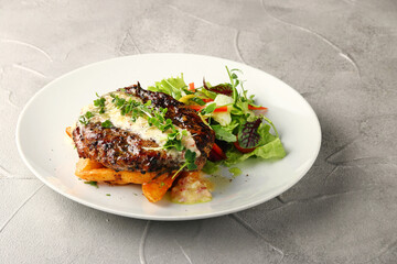 grilled beef with potato and salad closeup on white plate and concrete background