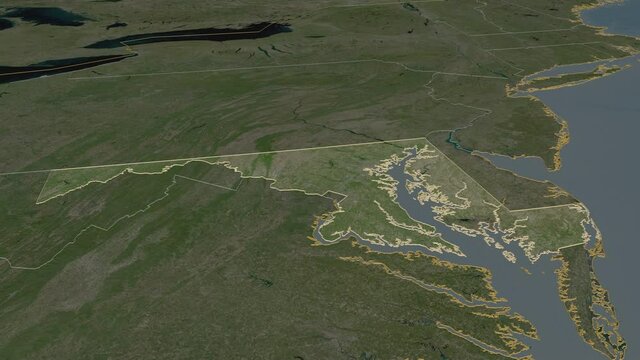 Maryland, state with its capital, zoomed and extruded on the satellite map of United States in the conformal Stereographic projection. Animation 3D