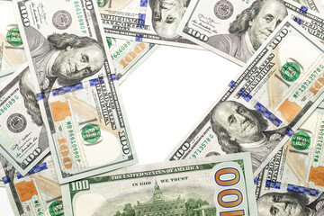 Money stack. Hundred dollars of America. Falling money isolated, us bill white background.