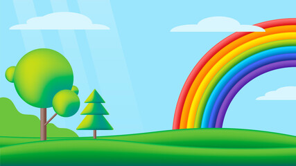 Fantastic scape rainbow on valley. Vector flat illustration. Kids background with summer weather.