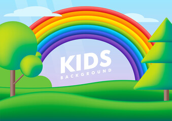 Kids background. Vector flat illustrations. Cute landscape with rainbow on green valley.