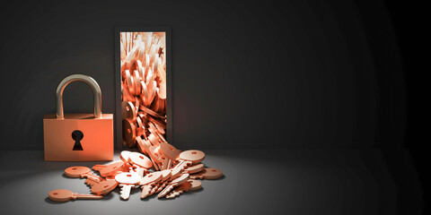 Padlock with infinite keys, metaphor of problems, solutions  and risk management; original 3d rendering