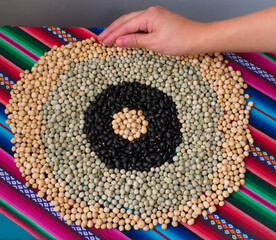 A Woman's Hand Accommodates the Green, White Peas (Pisum Sativum) and Black Beans (Phaseolus...