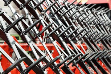 Agrarian technique. Close-up of parts of machine mechanisms. plowing mechanism