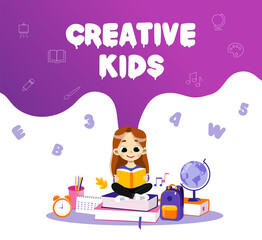 Concept Of Back To School And Creative Kids. Clever Girl Sitting On School Items In Surroundings Backpack And Globe And Reading The Book, Making Home task. Cartoon Flat Style. Vector Illustration