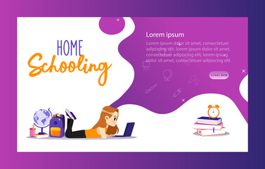 Concept Of Back To School. Website Landing Page. Schoolgirl Has Remote Lesson On Laptop. Remote Training Courses, Learning, Video Tutorials For The Kids. Web Page Cartoon Flat Vector Illustration
