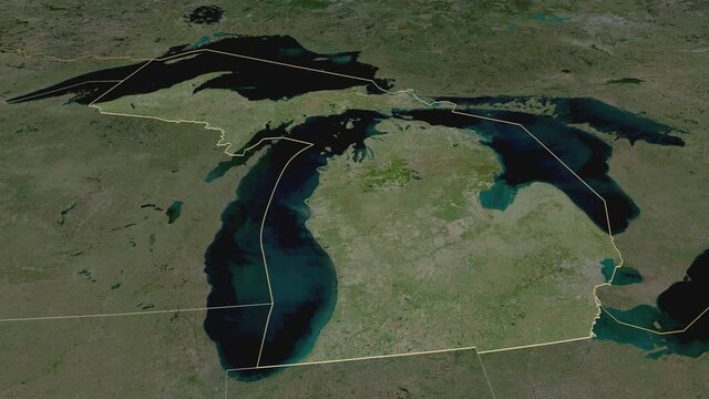 Michigan, state with its capital, zoomed and extruded on the satellite map of United States in the conformal Stereographic projection. Animation 3D