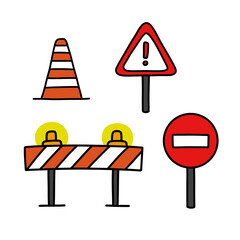 road signs doodle icon, vector color illustration