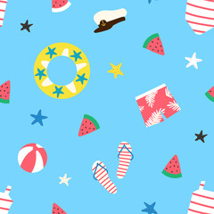 Cute seamless pattern with summer elements on blue background: watermelon, swimsuit, swimming trunk, beach flip flop, rubber ring, beach ball. Vector cartoon illustration