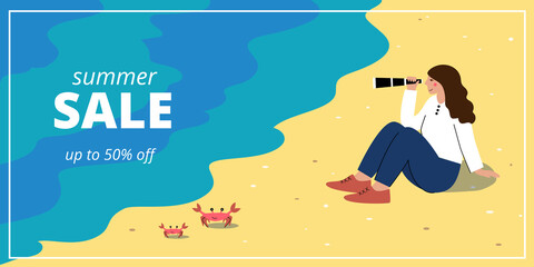 Summer sale banner with young woman sitting on the beach smiling and holding a spyglass in her hand. Template for discount and promotions, special offers or other. Vector illustration flat cartoon