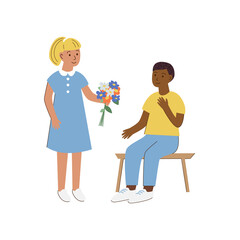 Declaration of love. Cute young couple first love. Pretty girl holding a bouquet of flowers and giving it to a boy who sitting on a bench in the park. Cartoon vector illustration