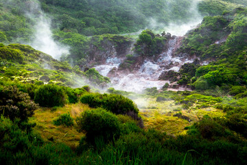 Impressionate landscape of sulphur fumaroles of Furnas do Enxofre in Terceira island, Azores, Portugal