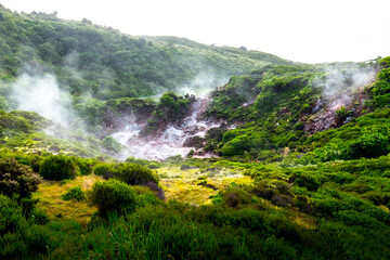 Impressionate landscape of sulphur fumaroles of Furnas do Enxofre in Terceira island, Azores, Portugal