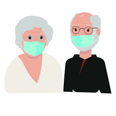 Fototapeta premium Old couple in medicine masks, retired woman and man in black hoodie. Mouth is available under mask. Vector illustration isolated on white background. Grandmother and grandfather together on quarantine