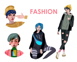 Hand drawn beautiful fashion cute girl. Vector illustration.