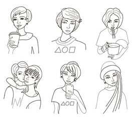 Hand drawn beautiful fashion cute girl. Vector illustration.