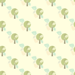 Seamless pattern with leaves and wood. Decorative background with leaves and a tree on a light background. Graphic printing for postcard, fabric, web Wallpaper and business card.