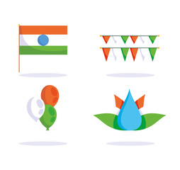 happy independence day india, flower flag balloons and pennants icons