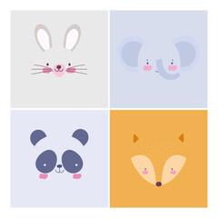 cartoon cute animals characters faces collection design