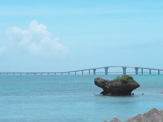 Obraz premium Okinawa,Japan-June 19, 2020: Turtle shaped rock and Irabu Ohashi bridge connecting Miyakojima island and Irabu island, the longest charge-free bridge in Japan 